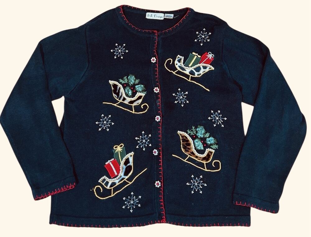Vintage BP Design Sweater Womens M Black Christmas Soldier Embroider Cardigan